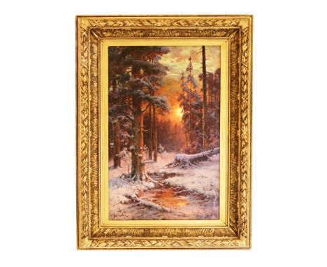 Julius Klever. Sunset in the winter forest. A magical painting crystal by Julius Klever, in which light plays the main, organ
