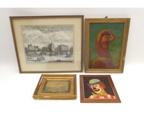 A group of pictures, including an oil on board of an Iberian lady, 33.5 by 23cm, framed, 39.5 by 28.5cm, a small oil on board
