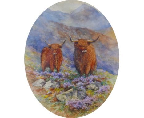 Harry Davis (British, 1885-1970): Highland cattle in a Scottish landscape, signed lower right, watercolour, oval format, 21.5