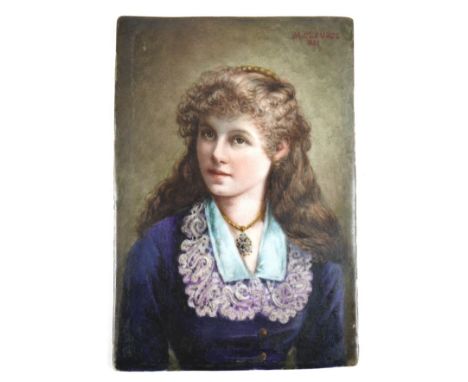 M. Claudel (French, 19th century): a miniature portrait plaque, depicting of a young French woman wearing a blue dress, signe