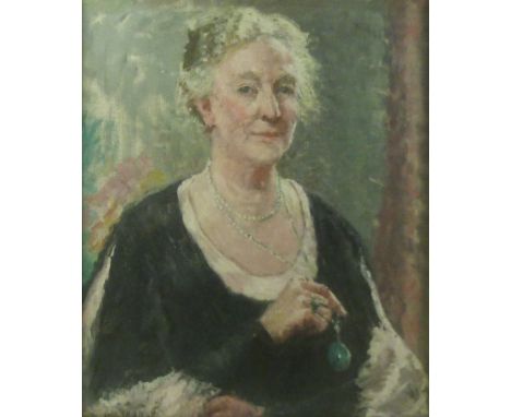 Mary Ethel Hunter (British, 1878-1936): portrait of the philanthropist Mrs Grosvenor Talbot, seated in black dress with cream
