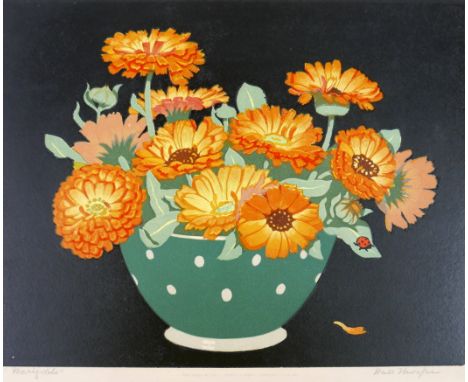 John Hall Thorpe (Australian, 1874-1947): 'Marigolds', signed in pencil lower right margin, woodcut print in colours, publish