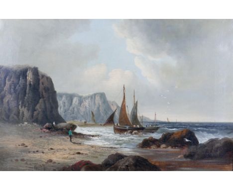 British School (19th century): a seascape, with sailing boat approaching the beach, and several figures walking along the sho
