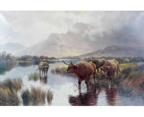 Henry Robinson Hall (British, 1859-1927): 'Highland Cattle, Loch Lomond', depicting five animals grazing by the water, mounta