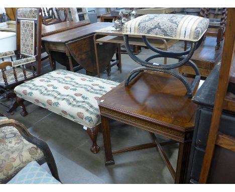 A Chippendale Revival mahogany and fabric upholstered footsool, a mahogany occasional table and another stool 