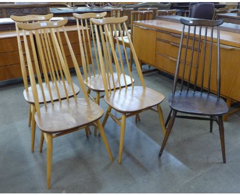 A set of four Ercol Blonde elm and beech Goldsmith chairs and a Golden Dawn Goldsmith chair 