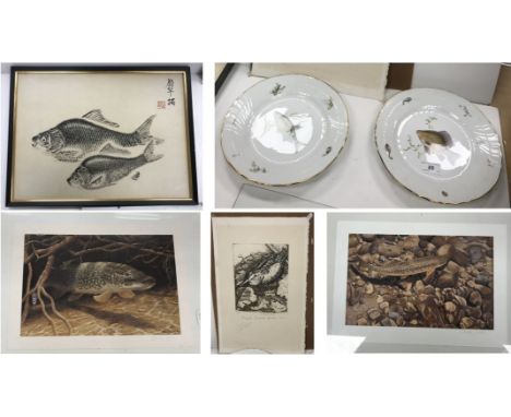 Two Richard Ginori fish decorated plates, 26 cm diameter, a framed and glazed print of "Trout" and another similar of a "Pike