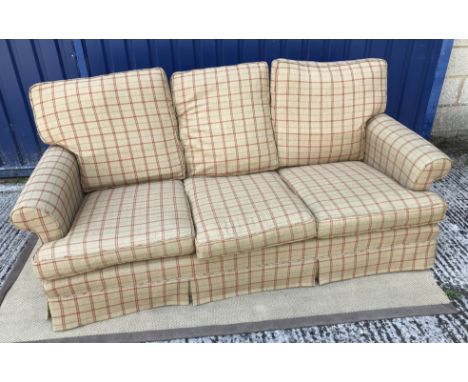 A modern Cresta Tweed type check upholstered three seat sofa with scroll arms (circa 2005), 219 cm wide x 95 cm deep x approx