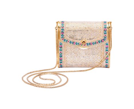 Embellished with rhinestones and trimed with a colorful floral motif, the front flap opening to a gold-tone leather interior 