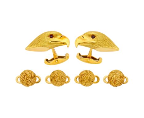 18 kt., 2 round rubies, cufflinks signed Asprey, with English hallmarks, studs signed Buccellati, Italy, with Italian assay m