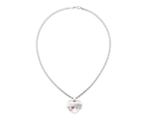 18 kt., one hear-shaped pink sapphire ap. .65 ct., small round diamonds ap. .20 ct., pendant and chain signed Chopard, pendan