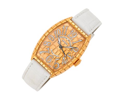 18 kt., automatic, tonneau-shaped rose gold croco-textured dial and case, white luminous Arabic numerals, hands and sweep sec