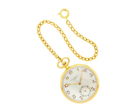 18 and 14 kt., mechanical, round mother-of-pearl dial, gold-tone Arabic numerals, Breguet gold-tone hands, subsidiary seconds