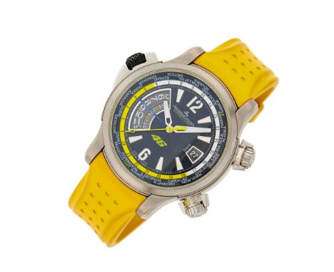 Automatic, round black dial, luminous Arabic numerals at the half hour, triangular markers and hands, yellow sweep seconds, t