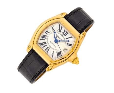 18 kt., automatic, sunken guilloché and outer pin-stripe tonneau-shaped silver-tone dial, black Roman numerals, luminous hand