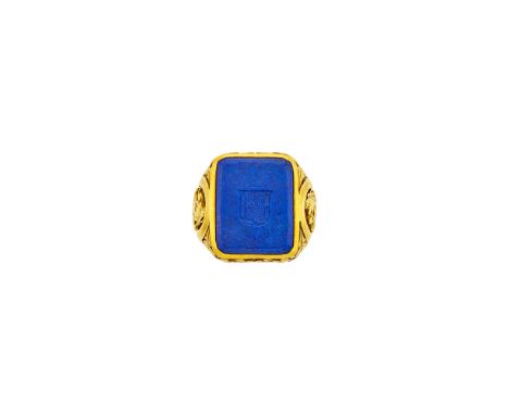 18 kt., one rectangular cushion-shaped lapis intaglio crest ap. 17.8 x 14.0 mm., high relief design mount, signed Tiffany &am