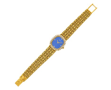 18 kt., quartz, cushion-shaped numberless brushed blue dial, diamond markers at quarter hour, fluted gold hands, 28 round dia