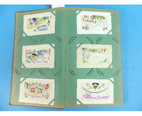 Postcards; an album of approximately fifty W.W.1 period French embroidered postcards, together with three vintage postcard al