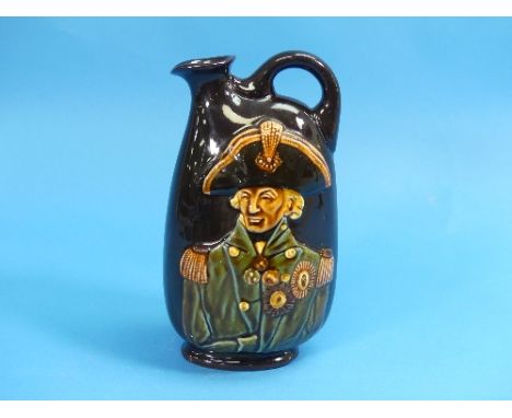 A Royal Doulton Kingsware Dewar's Whisky Flask, "Nelson", moulded in relief and decorated in colours, 8¼in (21cm) high.