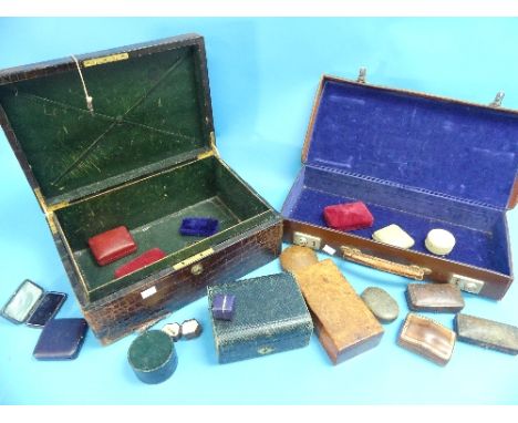 A early 20thC crocodile skin Case, containing a collection of antique and vintage jewellery boxes and cases, including one ma
