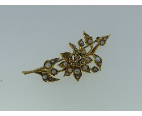 A late 19thC seed pearl set Brooch, formed of a spray of flowers and leaves in unmarked yellow metal, dated into reverse 1890