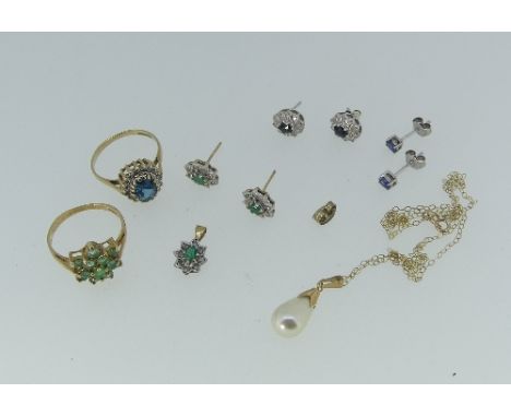 A small quantity of Jewellery, including a 9ct blue stone and diamond cluster ring, a small pair of sapphire and diamond clus