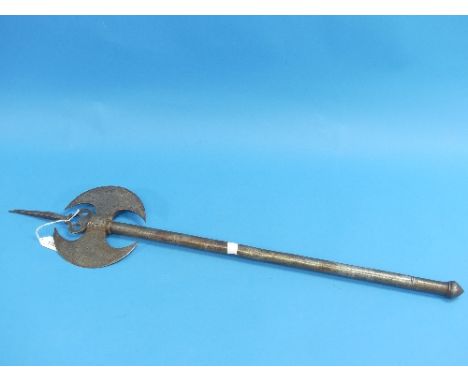 A 19thC Indo-Persian Qajar Double Headed War Axe, having crescent shaped blade centred with a square tapering spike mounted o