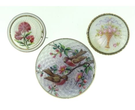 A charming Norwegian silver and enamelled circular Brooch, by Marius Hammer (1847 - 1927),  with two birds on a branch of blo