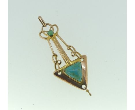 A 9ct yellow gold Pendant, of Art Nouveau style arrow design, in the style of Archibald Knox, the arrow head set turquoise an