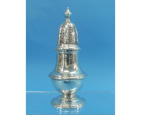 A small silver Sugar Caster, by William Comyns &amp; Sons Ltd., hallmarked London, 1968, of traditional form with pierced cov