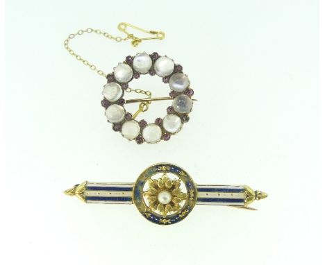 An open circle Brooch, formed of ten moonstones, with pale rubies between each stone on the inside and outside rims, mounted 