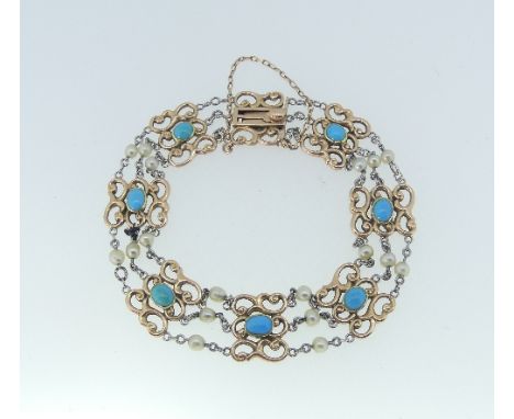 An attractive late Victorian 15ct gold Bracelet, formed of seven gold openwork plaques, the centre of each set turquoise, the