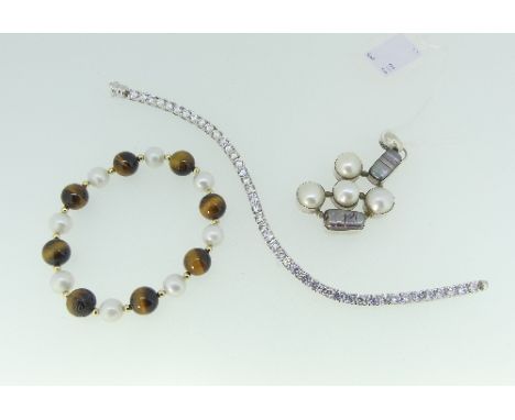 A flexible line Bracelet, mounted in silver and marked CZ, together with a tigers eye and cultured pearl bracelet, a modern g