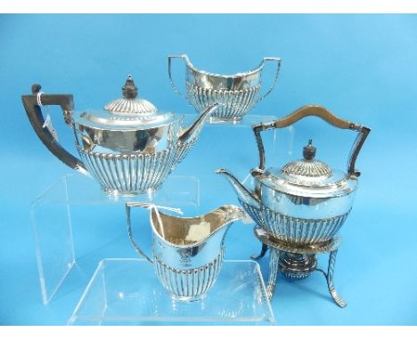 A Victorian silver three piece Tea Set, by Roberts &amp; Belk, hallmarked Sheffield, 1892, of ovoid form with demi fluted dec