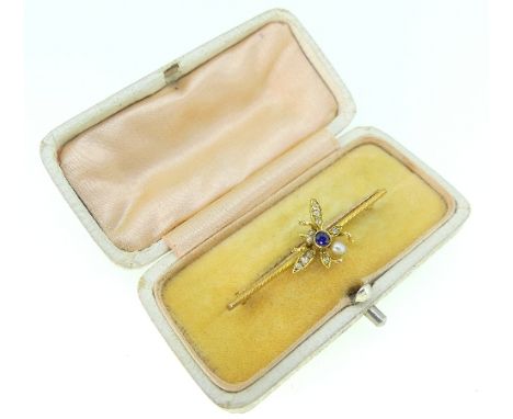 A bar Brooch,  set in the centre with a small central fly, the body of a pale facetted sapphire, diamond set wings and seed p