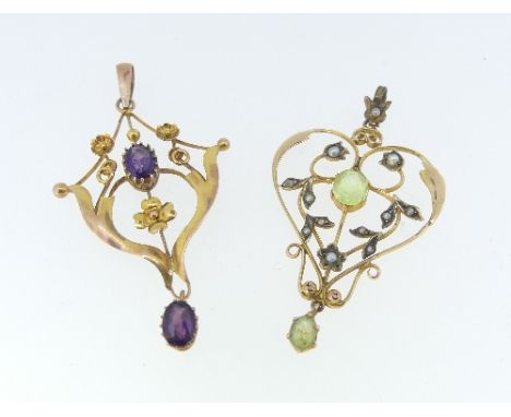 Two Art Nouveau style Pendants, one set seed pearl and pale green stones, the other set amethyst coloured stones, one in 9ct 