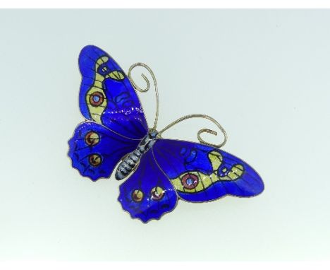 A large Norwegian silver gilt and enamel Butterfly Brooch, the wings in Royal blue, yellow and orange, makers mark on the rev