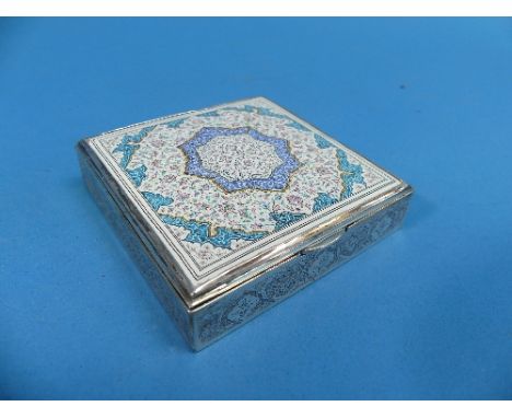 An early 20thC Persian silver and enamel hinged Box, marked on the base with two Arabic marks and '84', of square form, the h