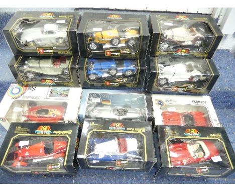 Eleven Burago 1:18 scale diecast models, including 1931 Alfa Romeo, 1954 Mercedes, 1937 Jaguar, 1934 Bugatti, etc, together w