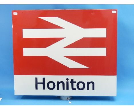 Railwayana; A British Railways Honiton Station Double Arrow 1970's Double Sided metal Station Sign.