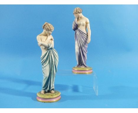 A pair of Royal Worcester Kerr &amp; Binns figures of 'Sorrow' and 'Joy', lilac and green colourways, printed marks and date 