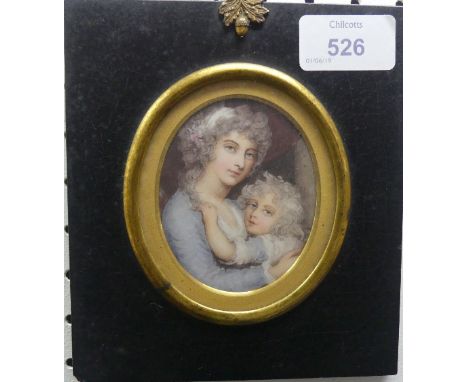 An antique portrait miniature of a mother and child, watercolour on ivory, oval, in papier maché and ormolu frame, 6in (15.25