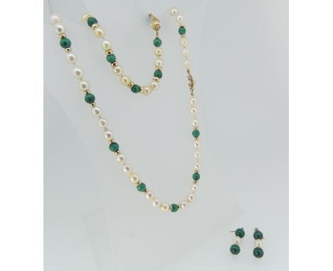 A cultured pearl Necklace, with a malachite and gold bead set after each third pearl with a 9ct snap, together with a matchin