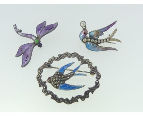 A small silver and enamel Dragonfly Brooch, by J.Aitkin &amp; Son, together with a small silver and enamel swallow brooch, th