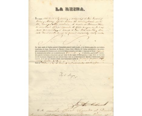[ISABELLA II]: (1830-1904) Queen of Spain 1833-68. D.S., with a stamped signature, (` Yo la Reyna´), three pages, folio, n.p.