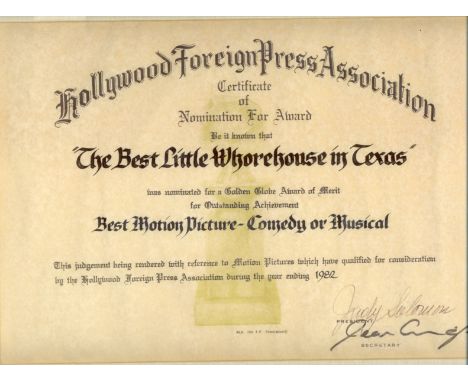 GOLDEN GLOBE AWARD: An original oblong folio Certificate of Nomination for Award issued by the Hollywood Foreign Press Associ