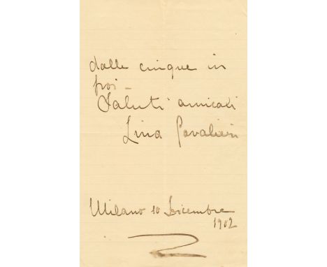 CAVALIERI LINA: (1874-1944) Italian Soprano. A.L.S, Lina Cavalieri, two pages, 8vo, folded, Milan, 10th December 1902, to her