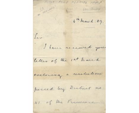 SALISBURY MARQUIS OF: (1830-1903) British Prime Minister 1885-86, 1886-92, 1895-1902. L.S., Salisbury, three pages, 8vo, n.p.