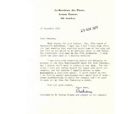 GREENE GRAHAM: (1904-1991) English Novelist. Small collection of three T.Ls.S., Graham, on behalf of Greene by his secretary 