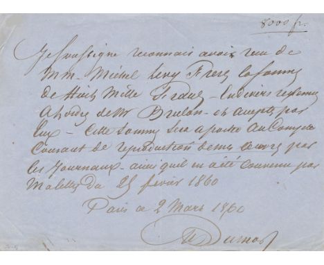 DUMAS ALEXANDRE: Père. (1802-1870) French Writer whose works include The Three Musketeers. D.S., A. Dumas, one page, oblong 8